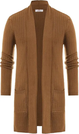 Men's Shawl Collar Open Front Long Cardigan Ribbed Knit Sweater with Pockets