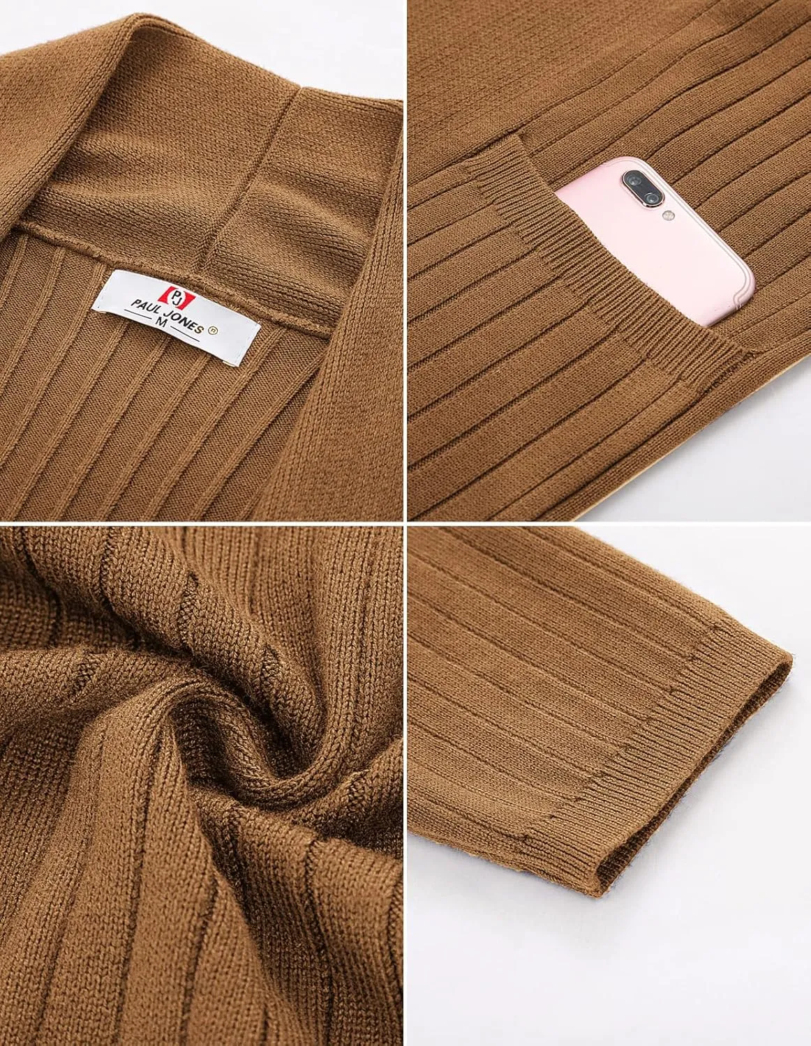 Men's Shawl Collar Open Front Long Cardigan Ribbed Knit Sweater with Pockets