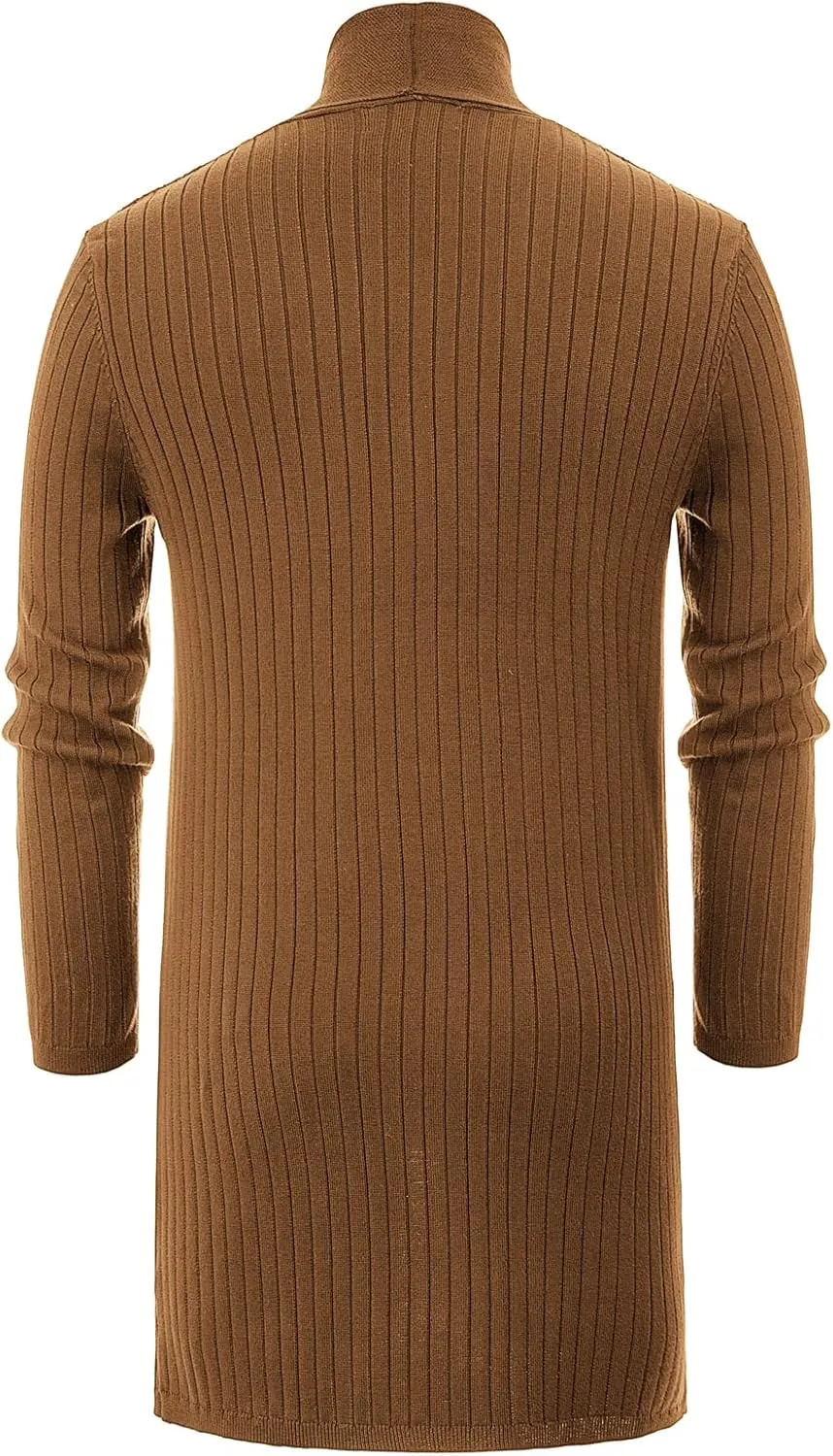 Men's Shawl Collar Open Front Long Cardigan Ribbed Knit Sweater with Pockets