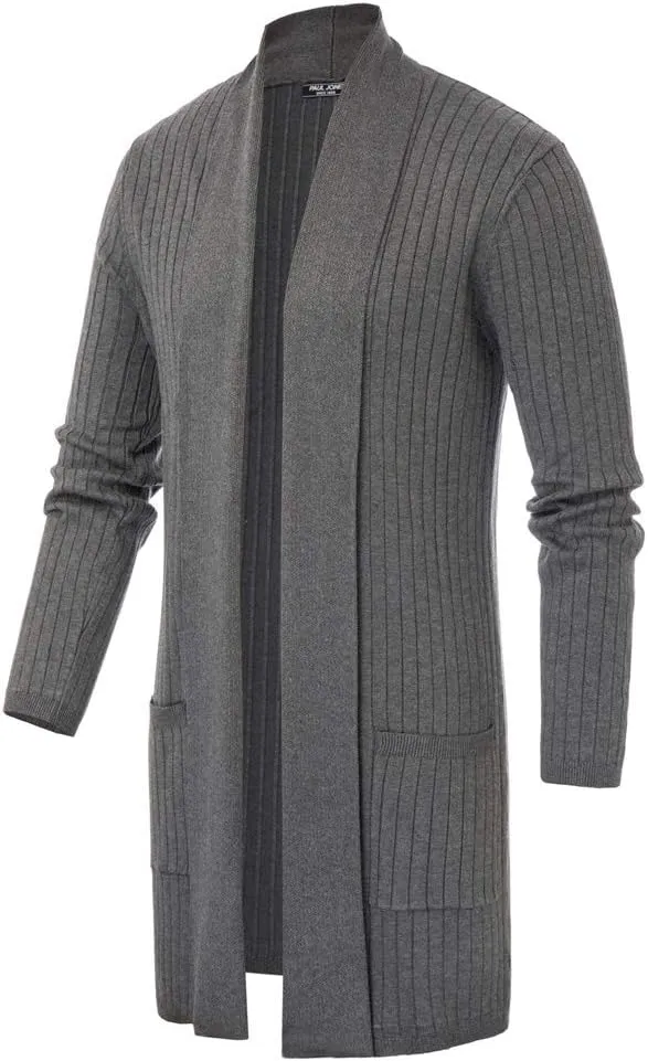 Men's Shawl Collar Open Front Long Cardigan Ribbed Knit Sweater with Pockets