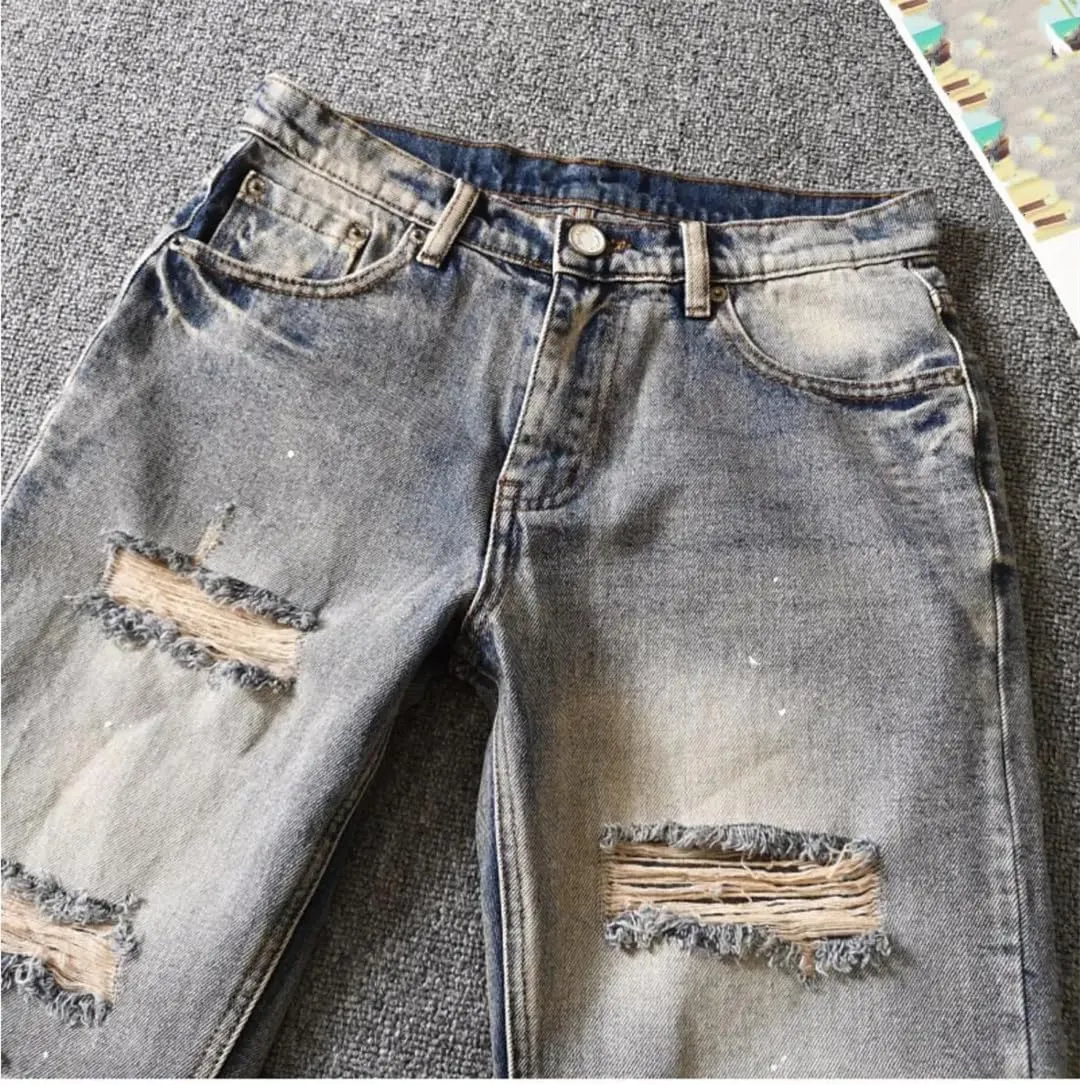 Men's Vintage Denim Shorts Casual Knee-Length Washed Distressed Hole Jeans Summer Boyfriend Short Pants