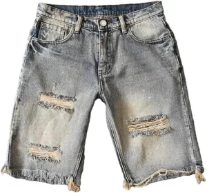 Men's Vintage Denim Shorts Casual Knee-Length Washed Distressed Hole Jeans Summer Boyfriend Short Pants
