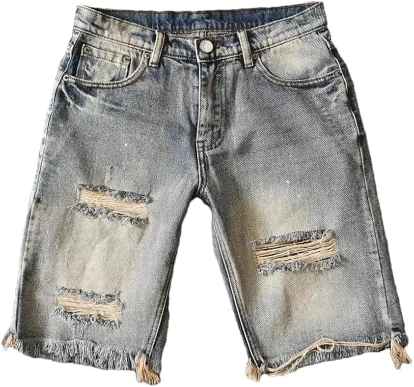 Men's Vintage Denim Shorts Casual Knee-Length Washed Distressed Hole Jeans Summer Boyfriend Short Pants