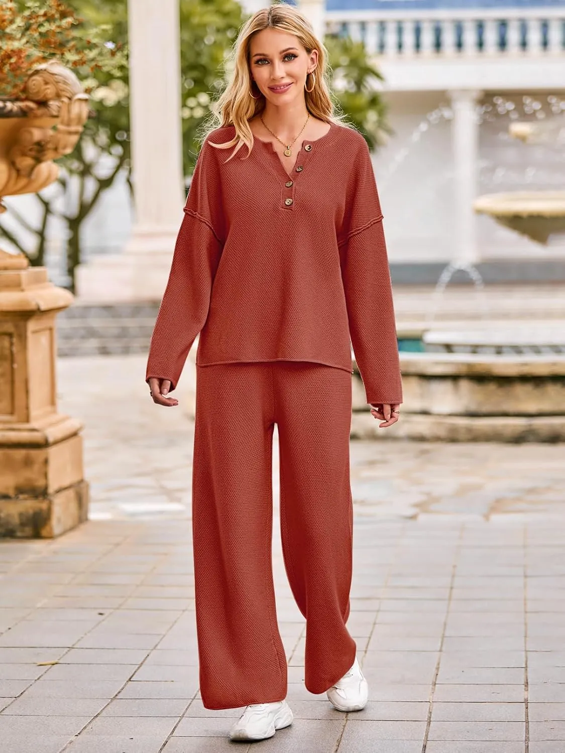 MEROKEETY Women's 2 Piece Outfit Sets Long Sleeve Button Knit Pullover Sweater and Pants Lounge Sets