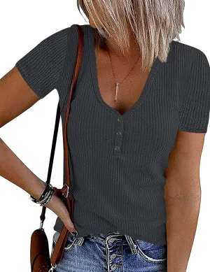MEROKEETY Women's Summer Short Sleeve V Neck T Shirts Casual Ribbed Button Henley Knit Tops Blouse