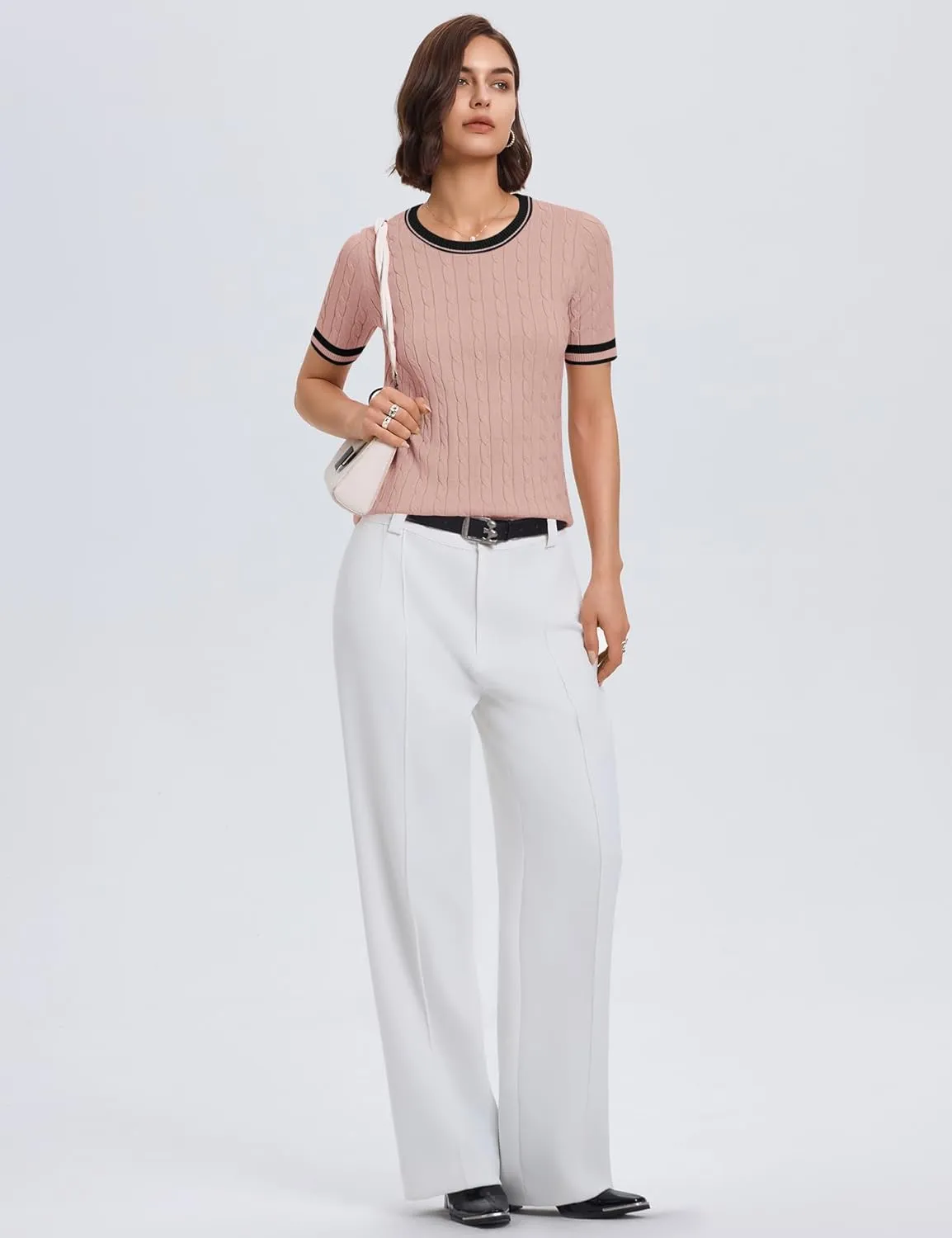Micoson Womens Short Sleeve Cable Knit Sweater Tops Crewneck Lightweight Spring Summer Shirts Business Dressy Casual Outfits