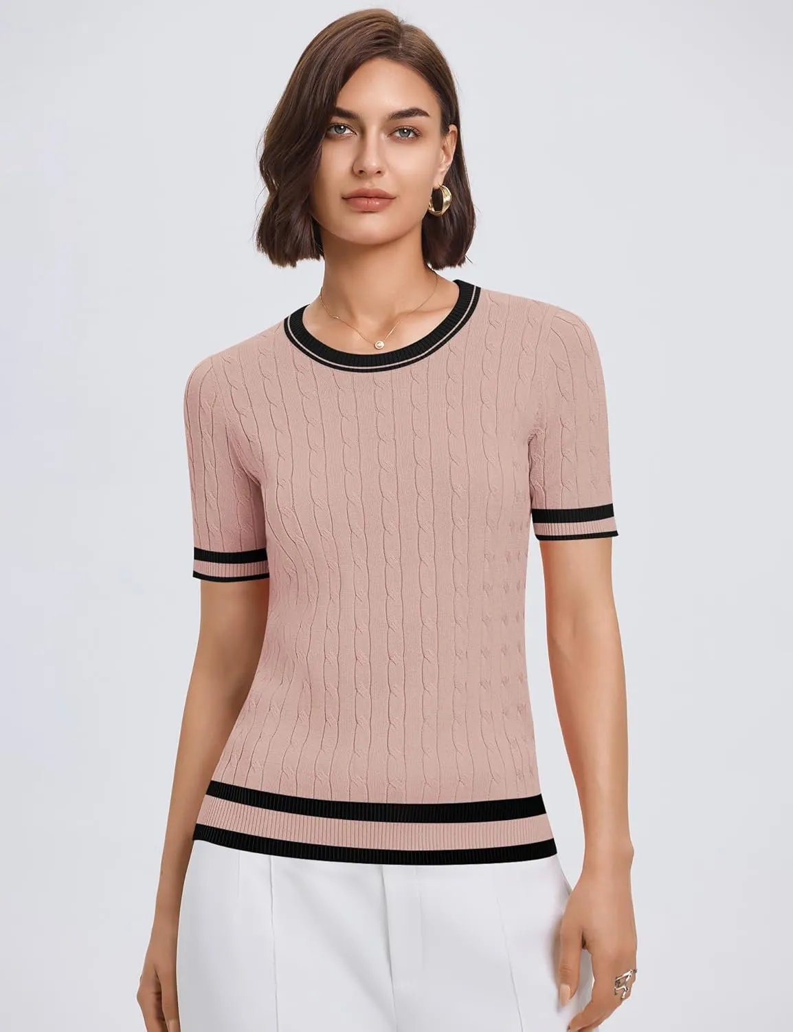 Micoson Womens Short Sleeve Cable Knit Sweater Tops Crewneck Lightweight Spring Summer Shirts Business Dressy Casual Outfits