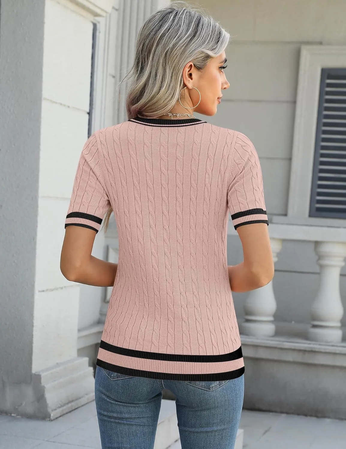 Micoson Womens Short Sleeve Cable Knit Sweater Tops Crewneck Lightweight Spring Summer Shirts Business Dressy Casual Outfits