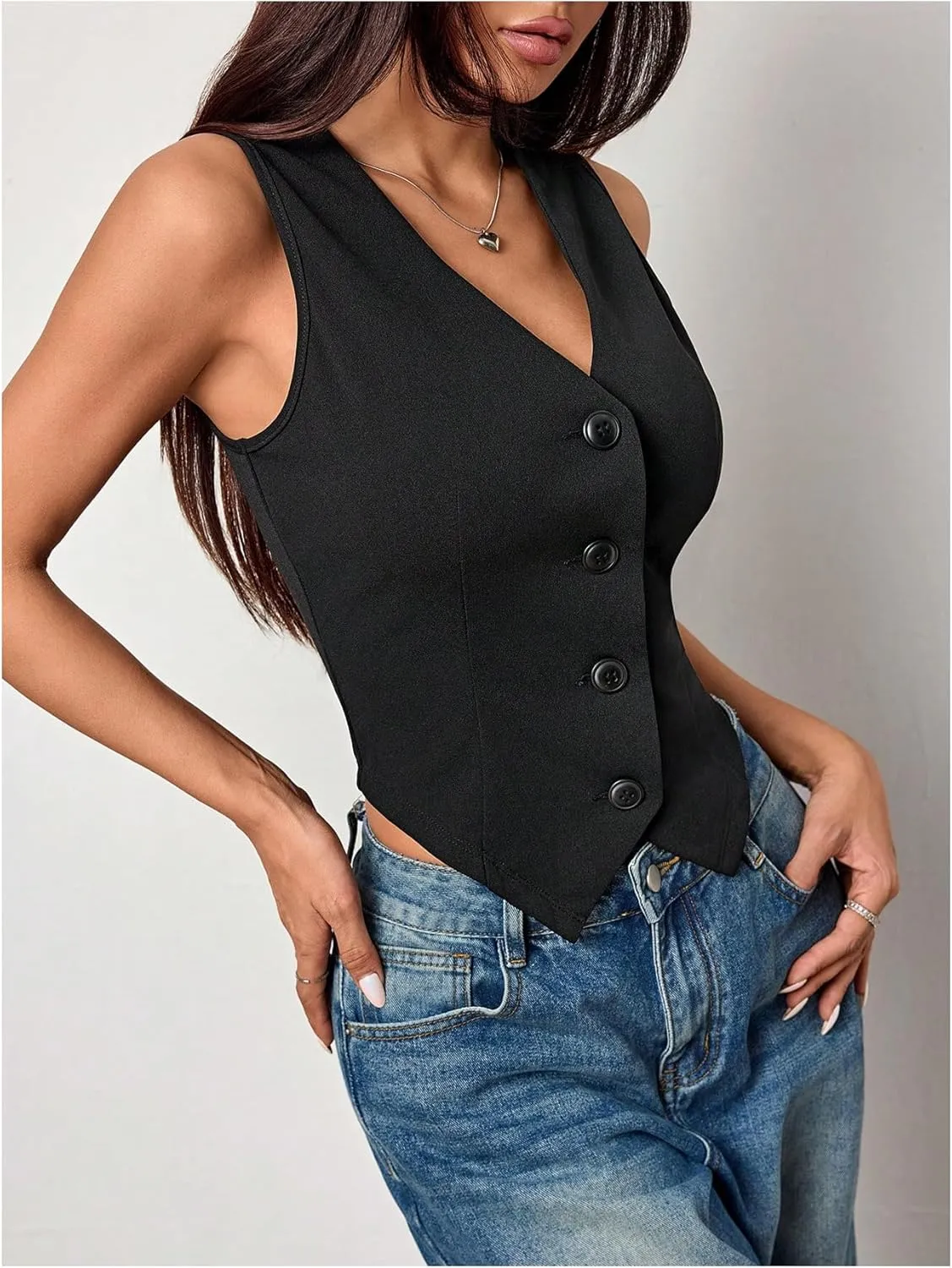 Milumia Women's Button Front Blazer Vest Sleeveless V Neck Asymmetrical Hem Tank Tops