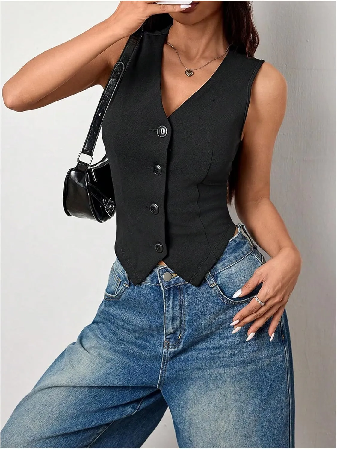 Milumia Women's Button Front Blazer Vest Sleeveless V Neck Asymmetrical Hem Tank Tops