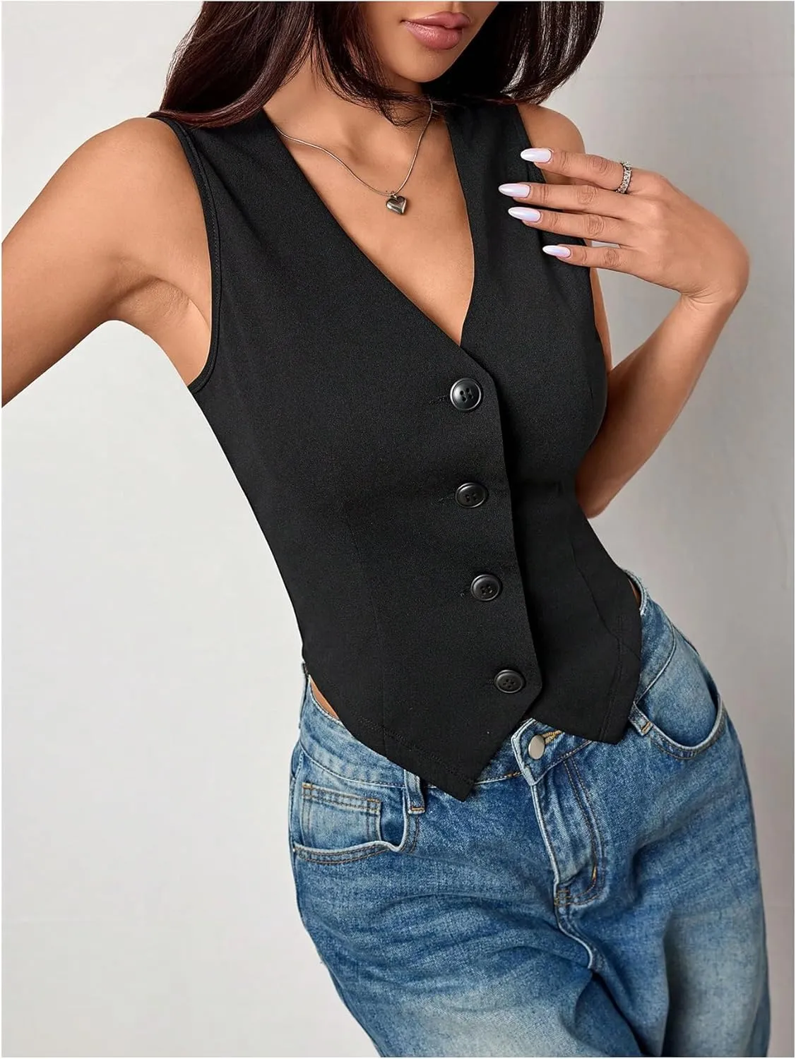 Milumia Women's Button Front Blazer Vest Sleeveless V Neck Asymmetrical Hem Tank Tops