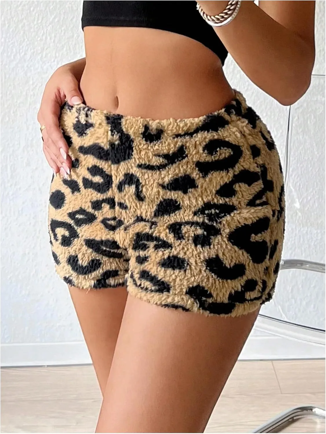 Milumia Women's Fuzzy Leopard Print High Waisted Fleece Shorts Fitted Y2K Shorts