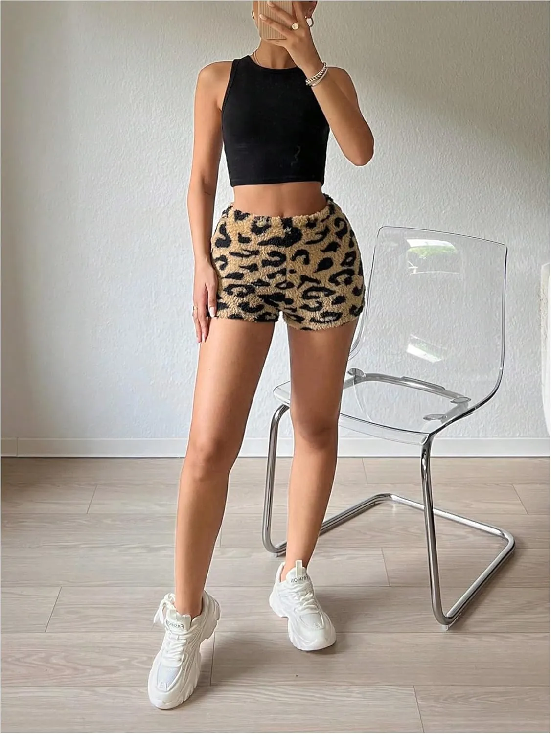 Milumia Women's Fuzzy Leopard Print High Waisted Fleece Shorts Fitted Y2K Shorts