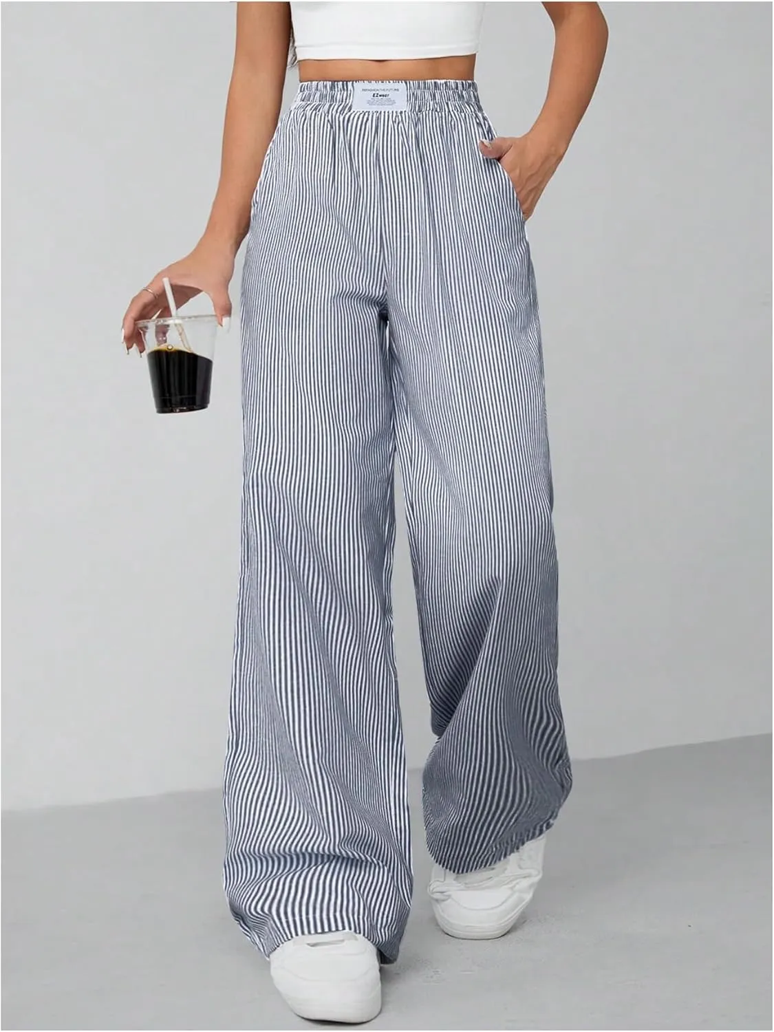 Milumia Women's Striped Wide Leg Pants Elastic High Waist Pocket Long Trousers