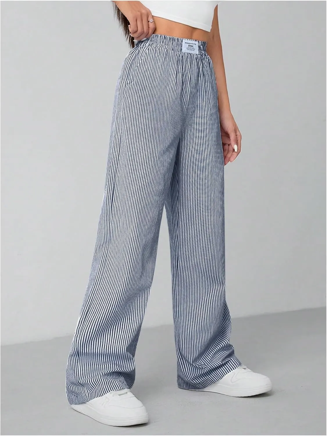 Milumia Women's Striped Wide Leg Pants Elastic High Waist Pocket Long Trousers