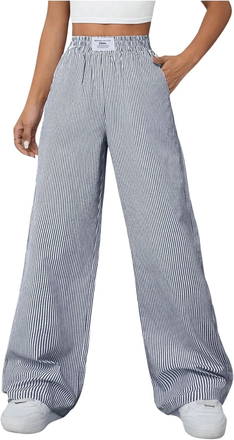 Milumia Women's Striped Wide Leg Pants Elastic High Waist Pocket Long Trousers