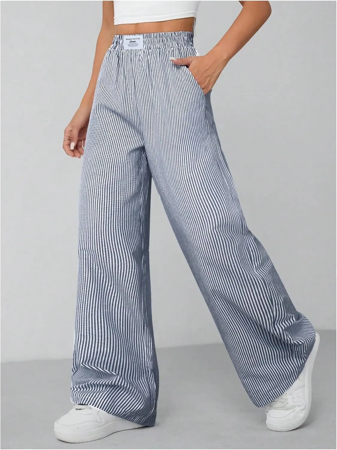 Milumia Women's Striped Wide Leg Pants Elastic High Waist Pocket Long Trousers