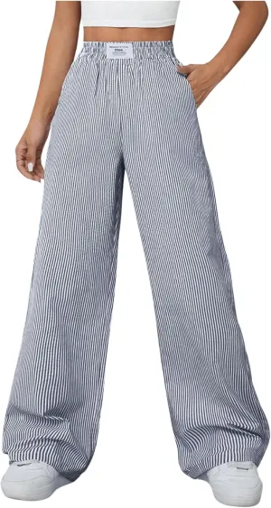 Milumia Women's Striped Wide Leg Pants Elastic High Waist Pocket Long Trousers