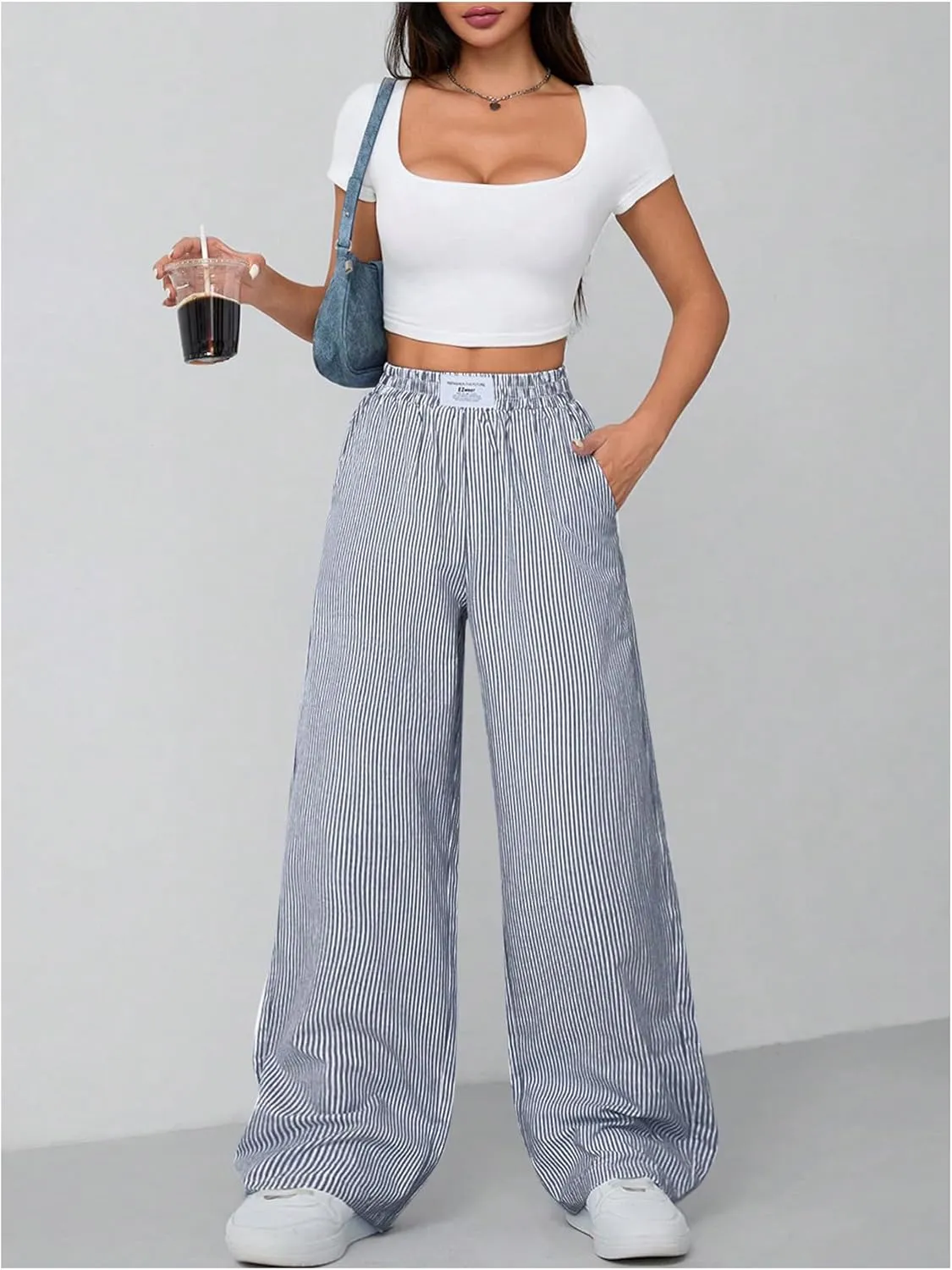 Milumia Women's Striped Wide Leg Pants Elastic High Waist Pocket Long Trousers