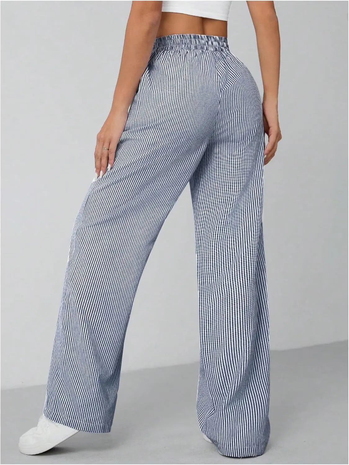 Milumia Women's Striped Wide Leg Pants Elastic High Waist Pocket Long Trousers