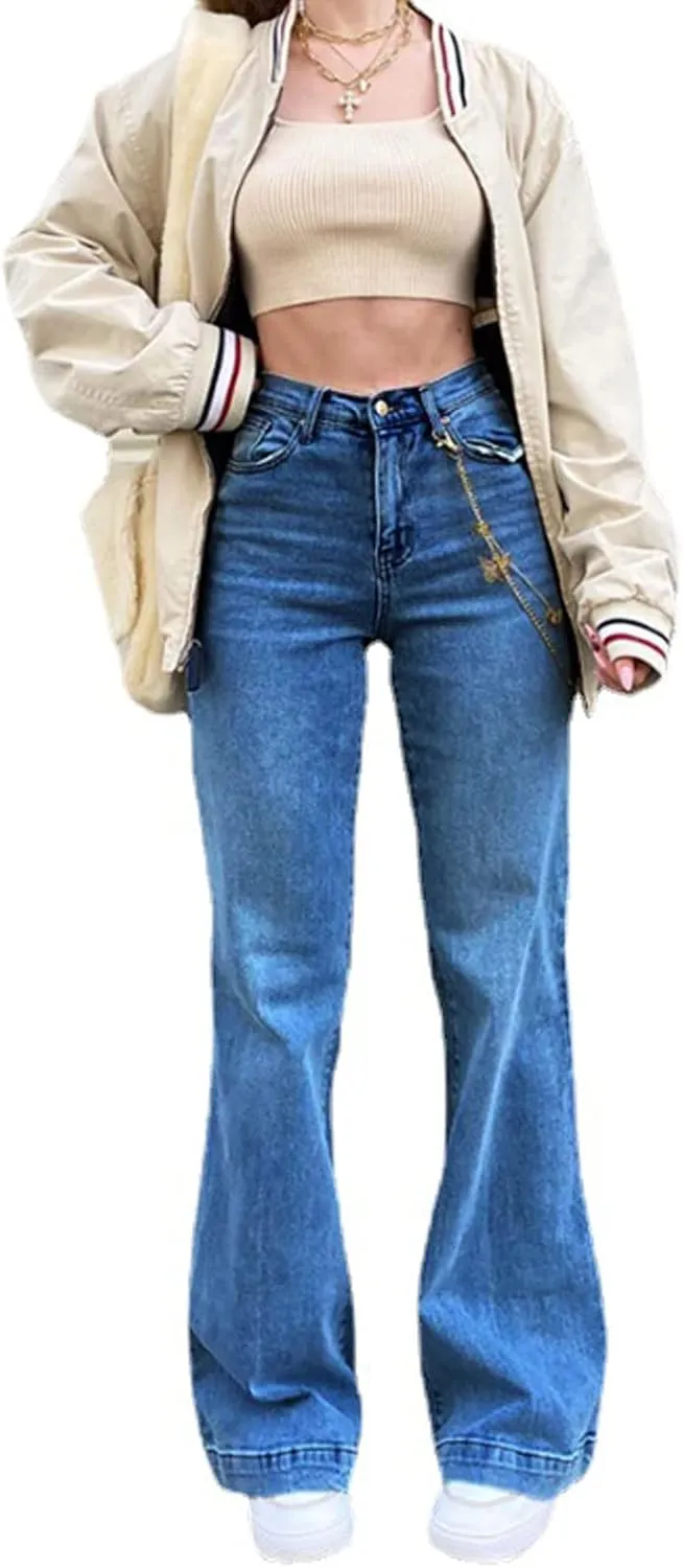 Mxiqqpltky Women's Bootcut Flare Jeans Mid Waist Stretch Straight Leg Skinny Bell Bottom Boyfriend Denim Pants Y2K Streetwear