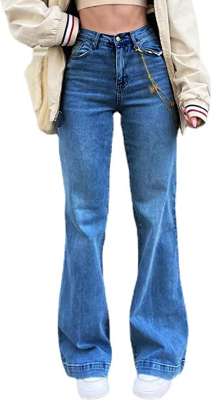 Mxiqqpltky Women's Bootcut Flare Jeans Mid Waist Stretch Straight Leg Skinny Bell Bottom Boyfriend Denim Pants Y2K Streetwear