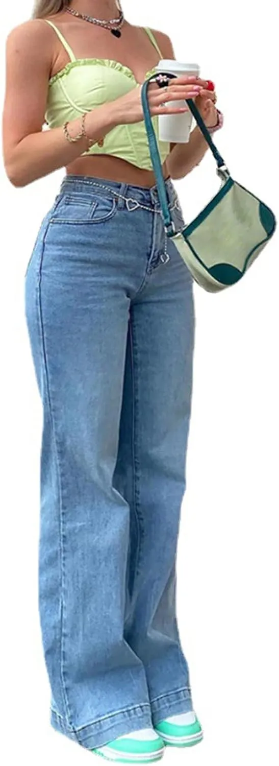 Mxiqqpltky Women's Bootcut Flare Jeans Mid Waist Stretch Straight Leg Skinny Bell Bottom Boyfriend Denim Pants Y2K Streetwear