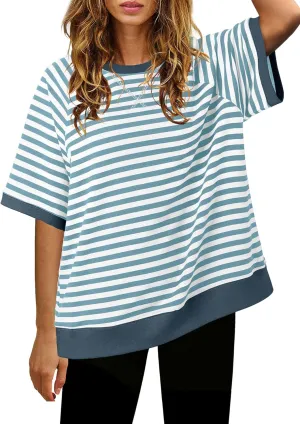 Nirovien Womens Striped Short Sleeve Tshirt Oversized Crewneck Shirt Color Block Tee Shirts Summer Tunic Tops