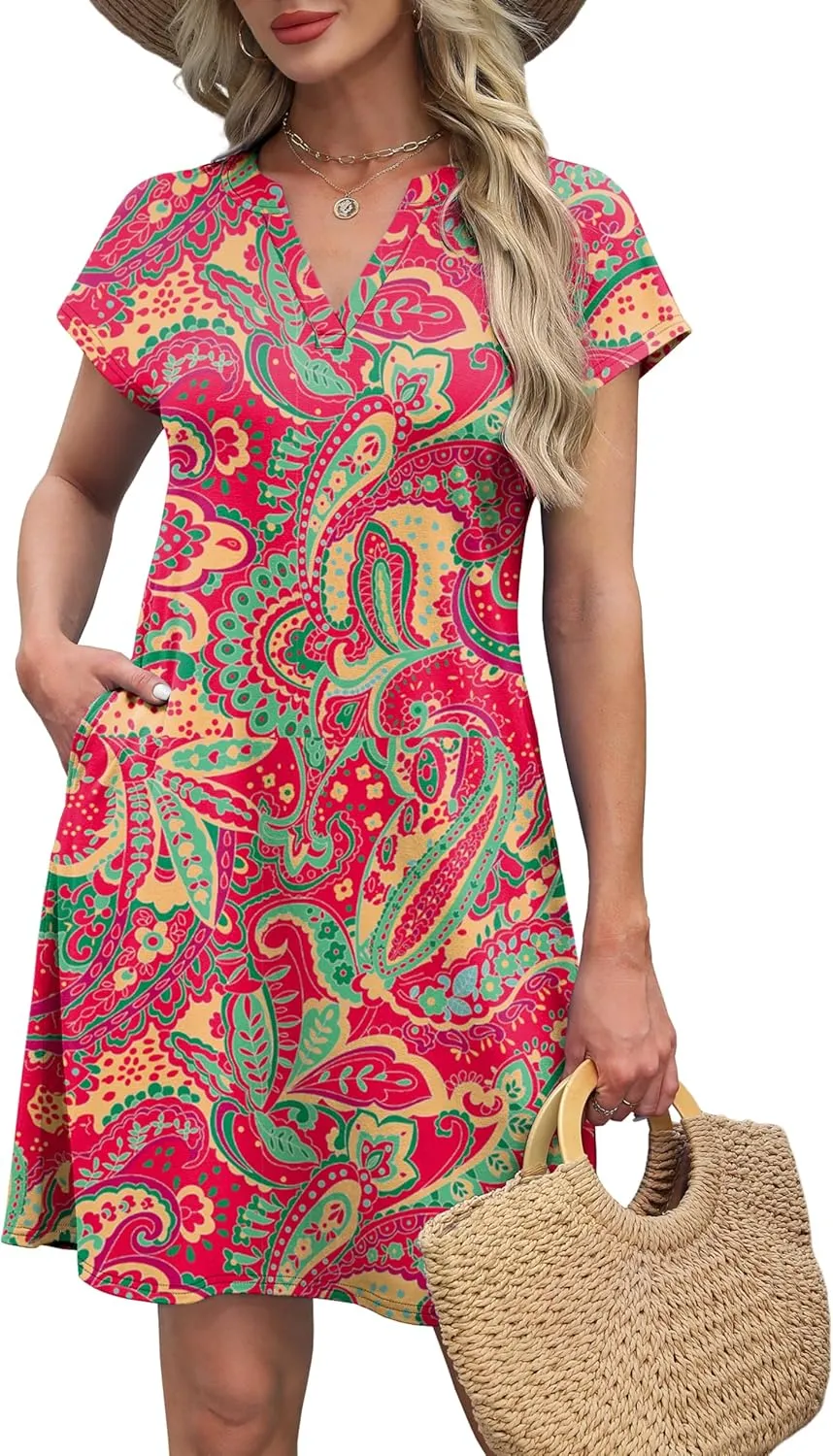 OFEEFAN Summer Dresses for Women Beach Cover Ups for Women with Pockets V Neck Swimsuit Loose Fit