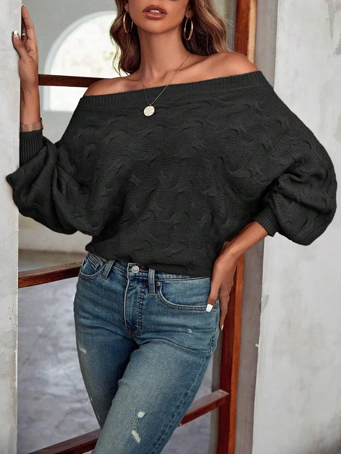 Off The Shoulder Tops for Women，Womens Batwing Sweater,Pullover,Knit Sweater for Women,Going Out Tops,Fall Sweater for Women