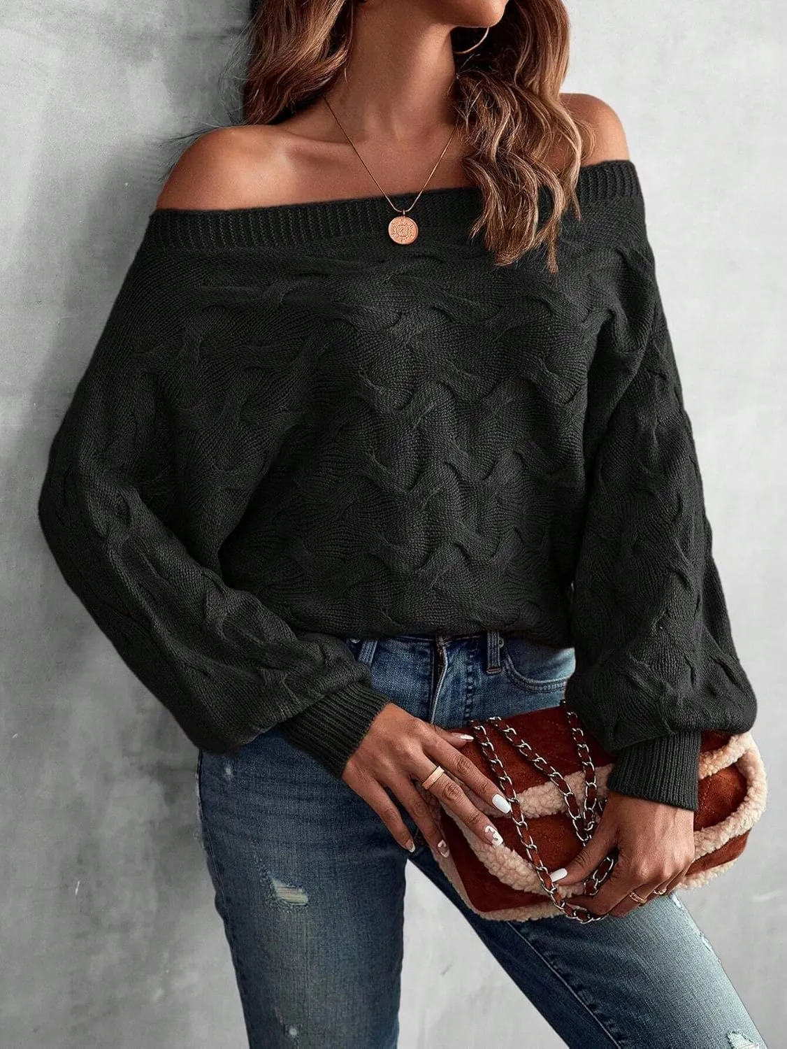 Off The Shoulder Tops for Women，Womens Batwing Sweater,Pullover,Knit Sweater for Women,Going Out Tops,Fall Sweater for Women