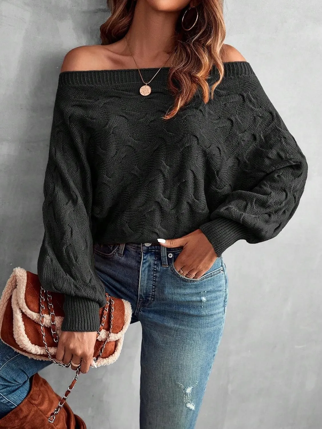 Off The Shoulder Tops for Women，Womens Batwing Sweater,Pullover,Knit Sweater for Women,Going Out Tops,Fall Sweater for Women