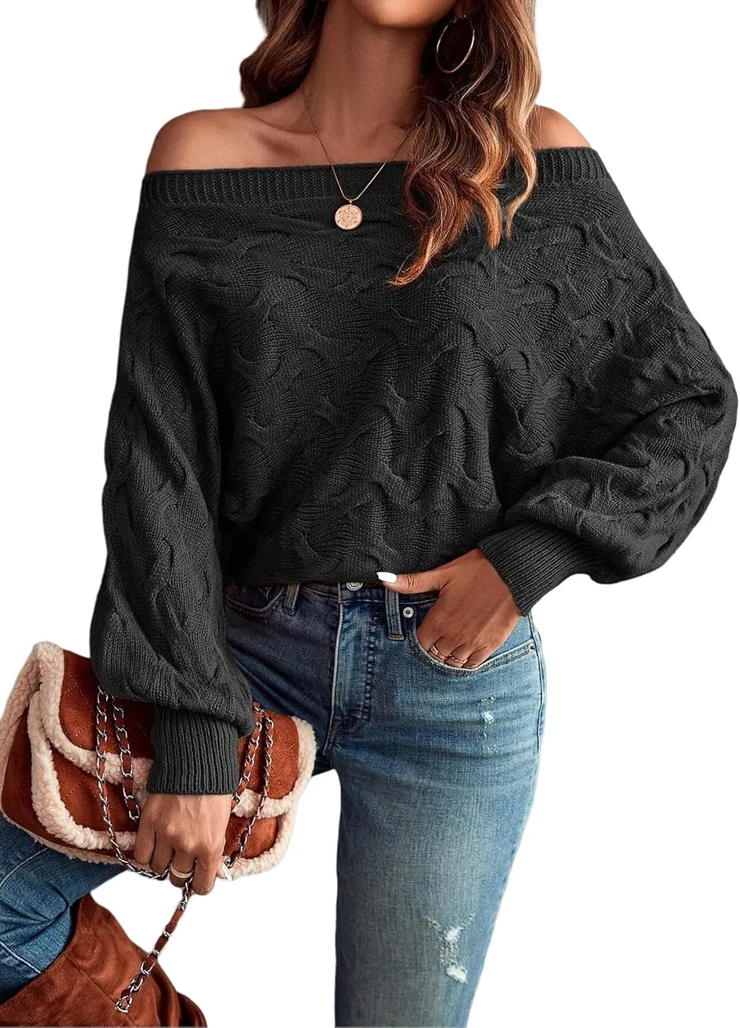 Off The Shoulder Tops for Women，Womens Batwing Sweater,Pullover,Knit Sweater for Women,Going Out Tops,Fall Sweater for Women