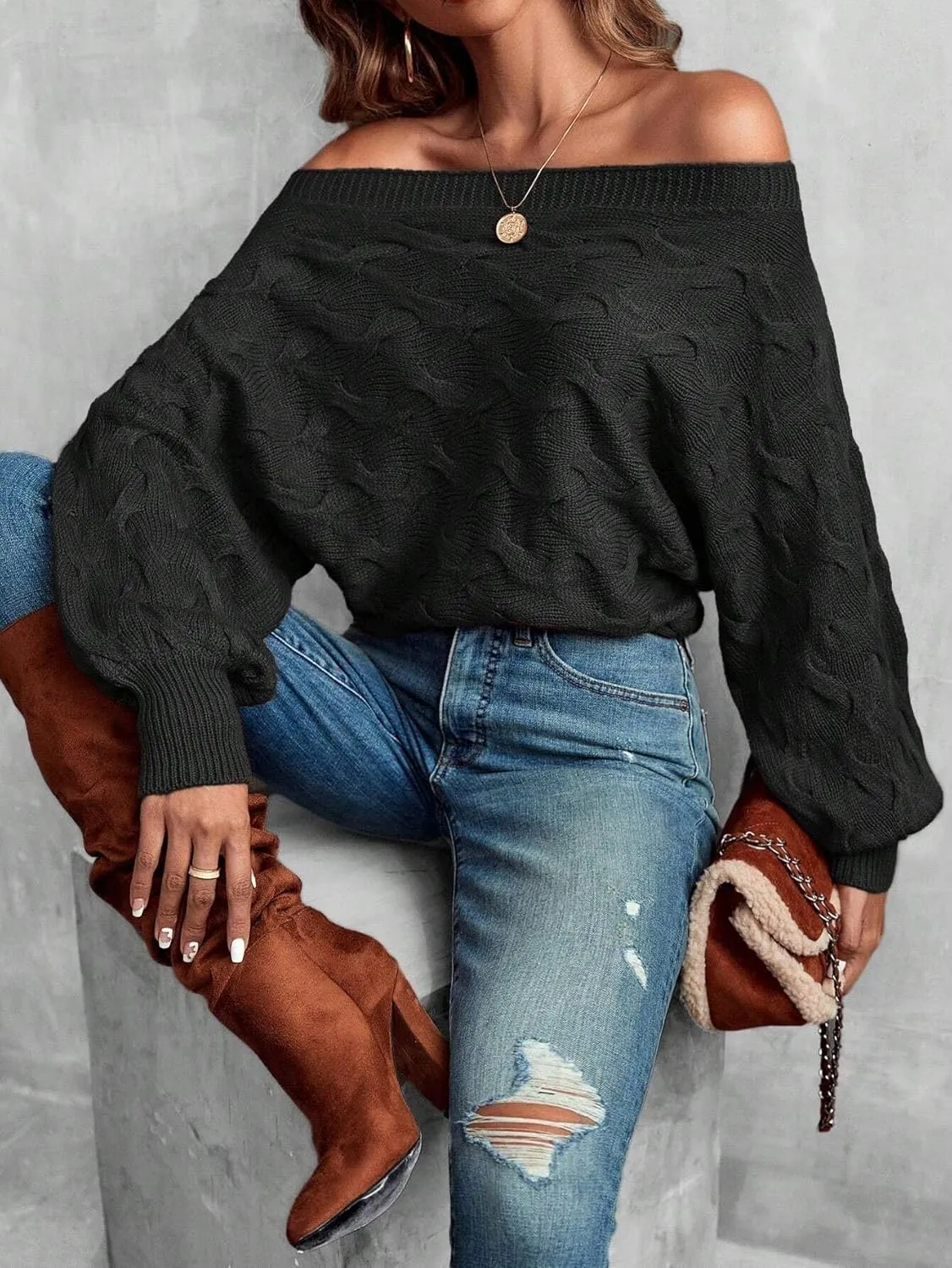 Off The Shoulder Tops for Women，Womens Batwing Sweater,Pullover,Knit Sweater for Women,Going Out Tops,Fall Sweater for Women