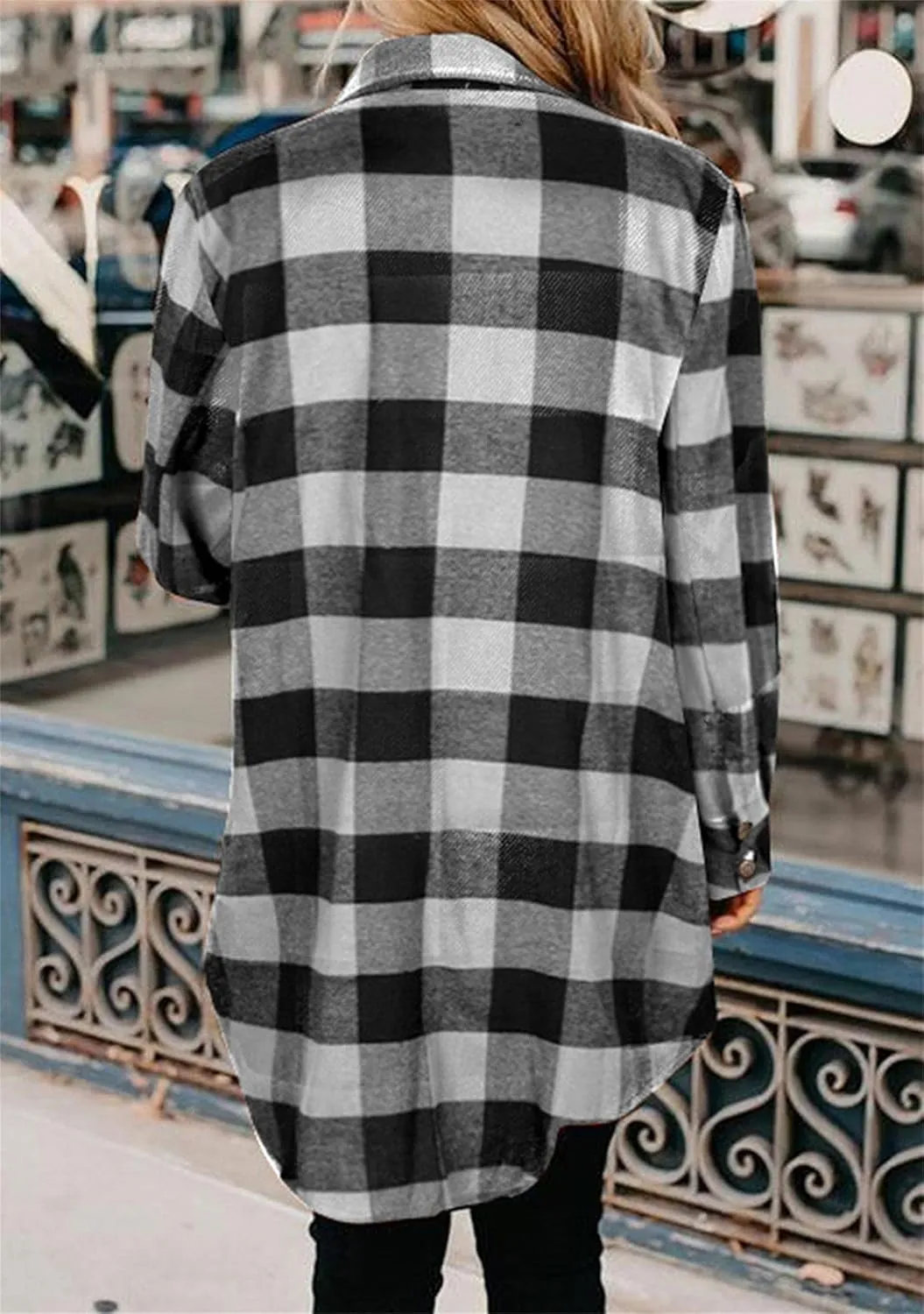OMZIN Women's Long Button Down Plaid Shirt Long Sleeve Lapel Blouse Snaps Tops with Side Pockets