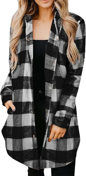 OMZIN Women's Long Button Down Plaid Shirt Long Sleeve Lapel Blouse Snaps Tops with Side Pockets