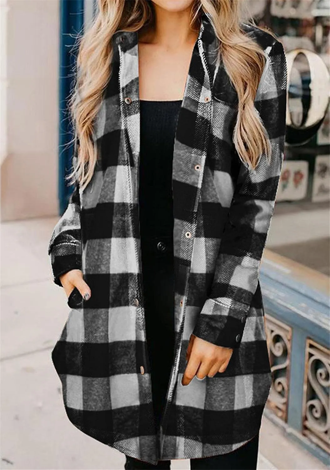 OMZIN Women's Long Button Down Plaid Shirt Long Sleeve Lapel Blouse Snaps Tops with Side Pockets