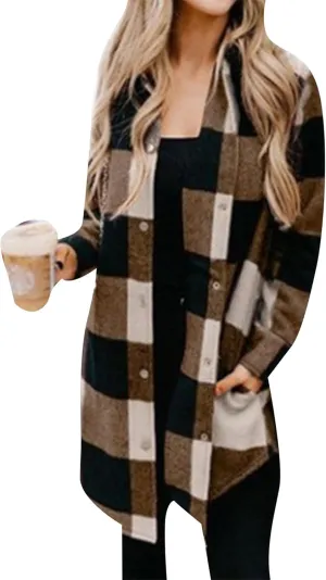 OMZIN Women's Long Button Down Plaid Shirt Long Sleeve Lapel Blouse Snaps Tops with Side Pockets
