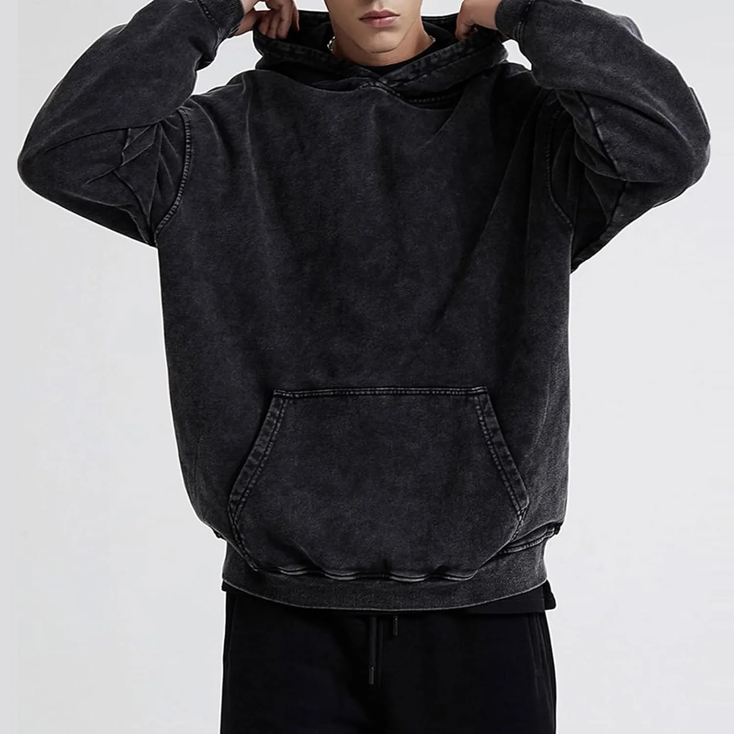 Oversized Acid Wash Vintage Hoodie Men Cotton Heavyweight Baggy Trendy Streetwear Hooded Sweatshirt Basic Pullover