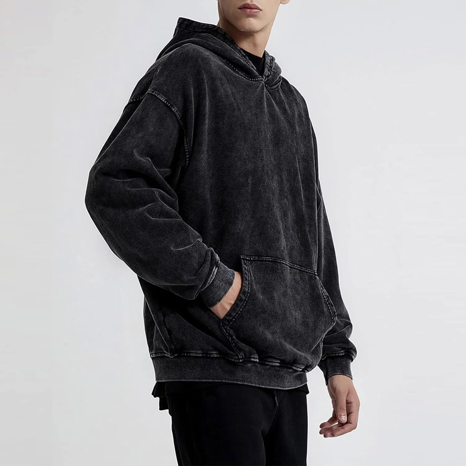 Oversized Acid Wash Vintage Hoodie Men Cotton Heavyweight Baggy Trendy Streetwear Hooded Sweatshirt Basic Pullover