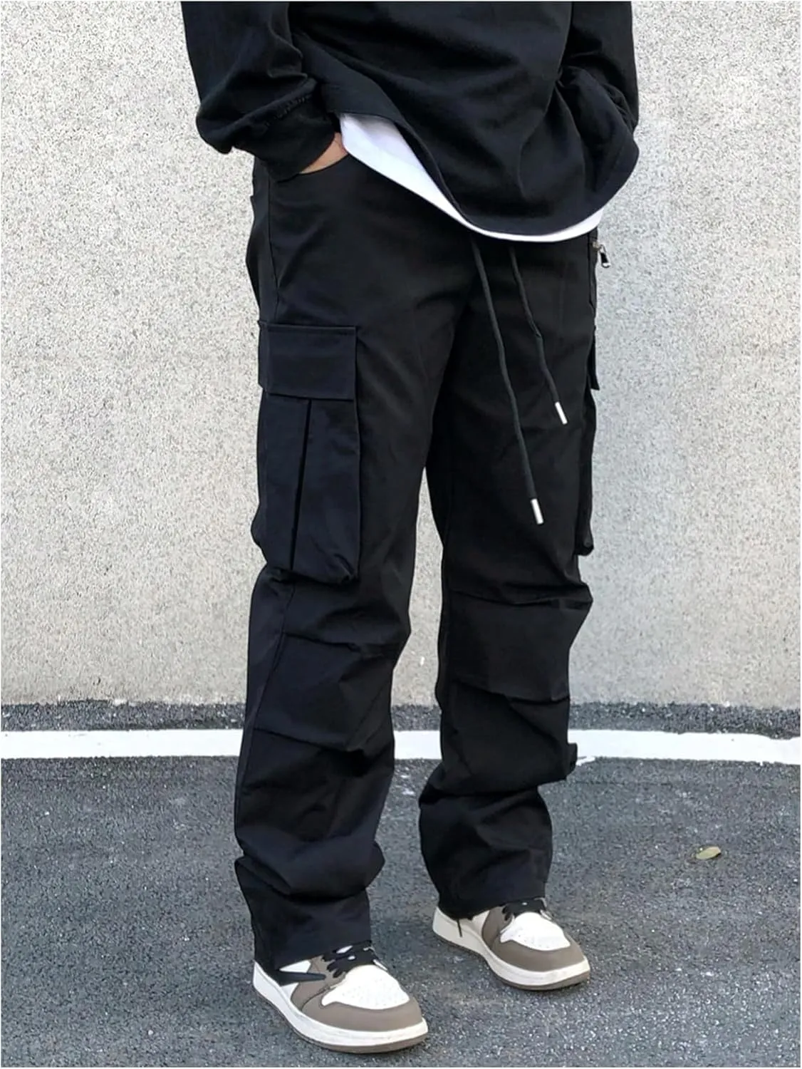 OYOANGLE Men's Drawstring Waist Cargo Pants Straight Leg Outdoor Hiking Trousers Streetwear