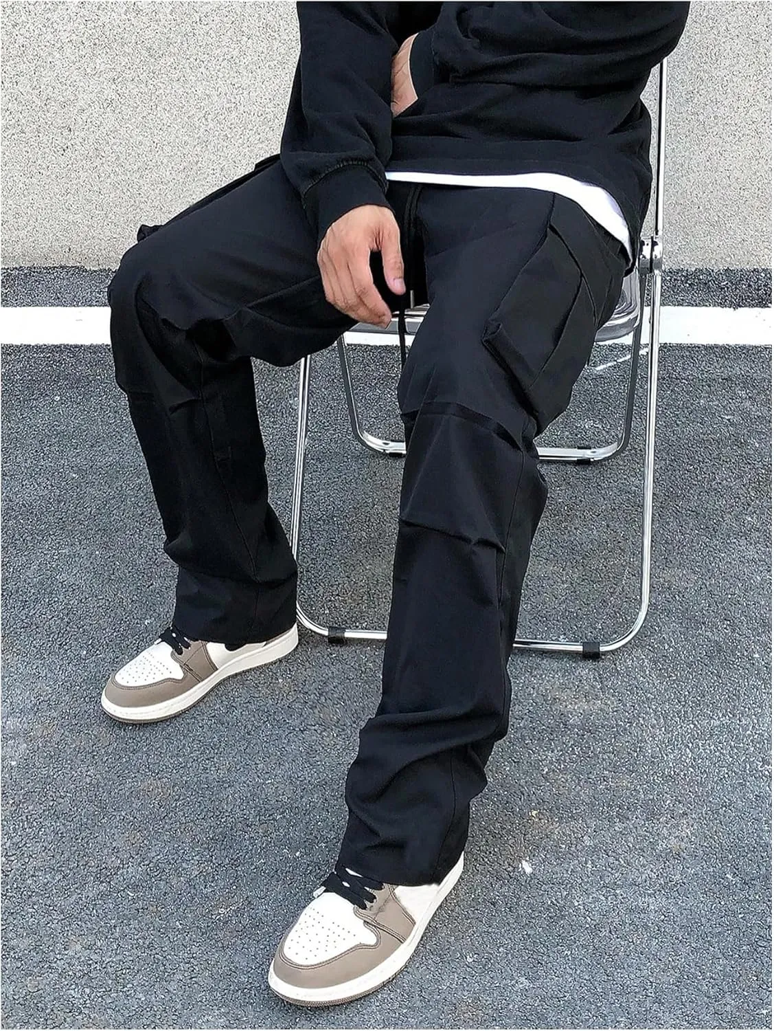 OYOANGLE Men's Drawstring Waist Cargo Pants Straight Leg Outdoor Hiking Trousers Streetwear
