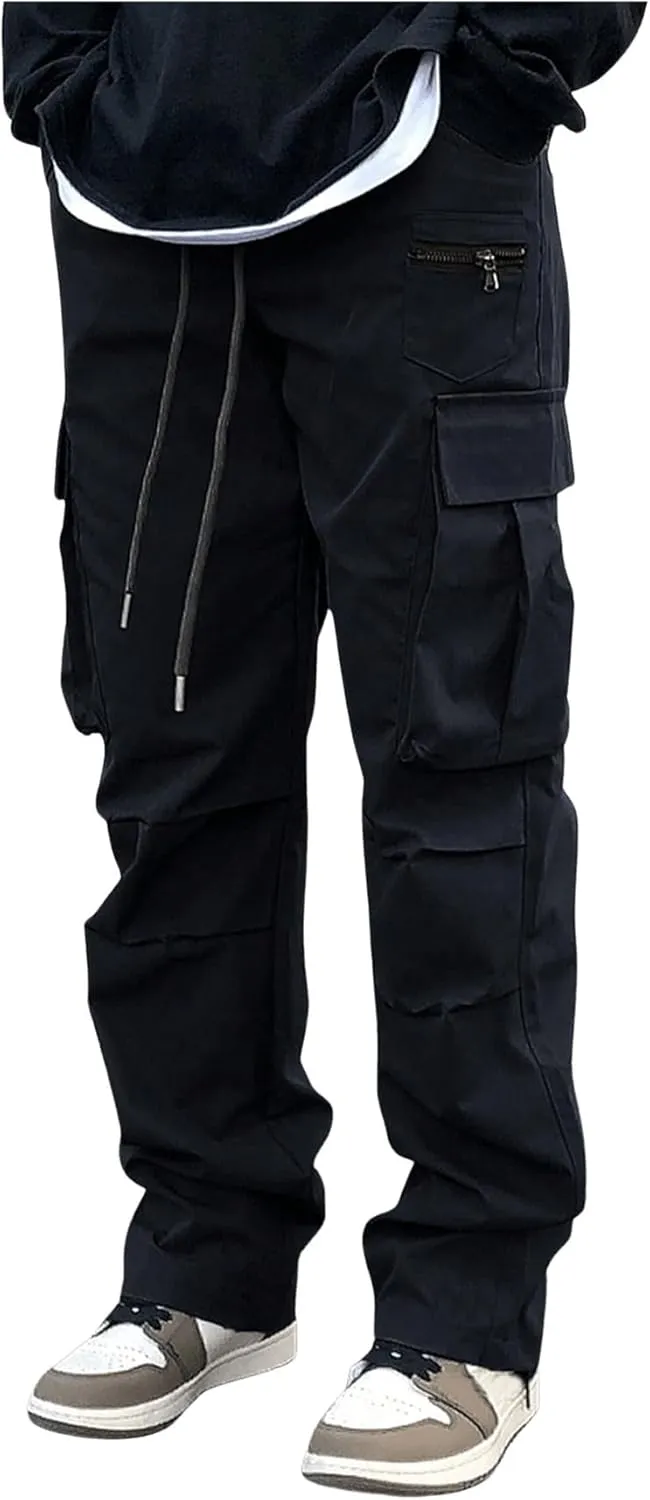 OYOANGLE Men's Drawstring Waist Cargo Pants Straight Leg Outdoor Hiking Trousers Streetwear