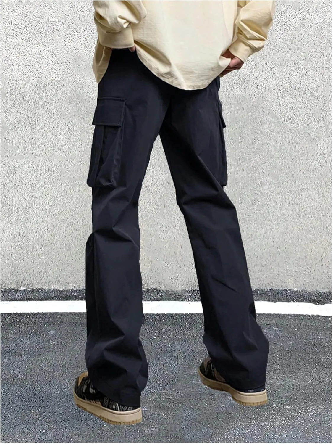 OYOANGLE Men's Drawstring Waist Cargo Pants Straight Leg Outdoor Hiking Trousers Streetwear