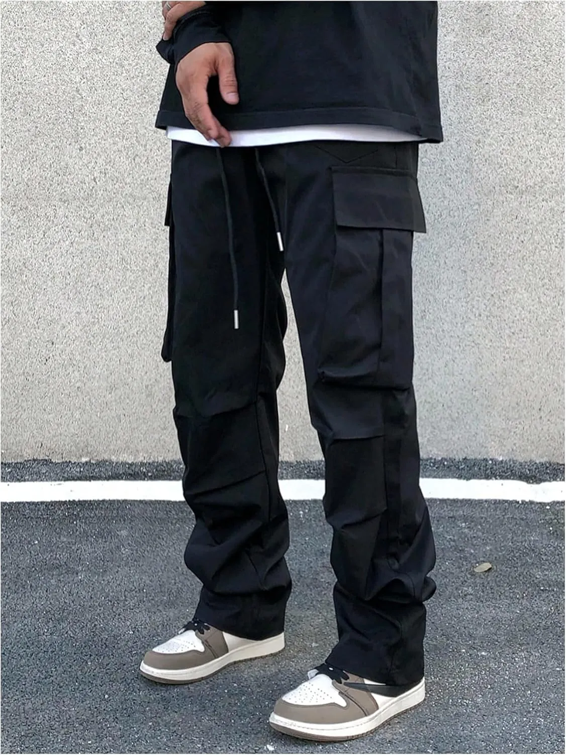 OYOANGLE Men's Drawstring Waist Cargo Pants Straight Leg Outdoor Hiking Trousers Streetwear