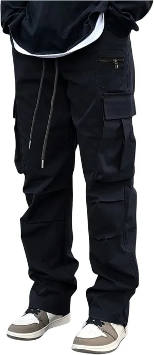 OYOANGLE Men's Drawstring Waist Cargo Pants Straight Leg Outdoor Hiking Trousers Streetwear