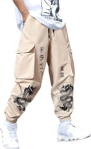 OYOANGLE Men's Graphic Print Jogger Cargo Pants Drawstring Elastic Waist Pockets Casual Trousers Streetwear