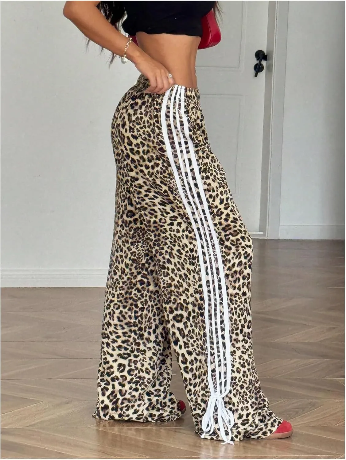 OYOANGLE Women's Leopard Print Striped Knot Side Trousers High Waist Straight Leg Baggy Pants