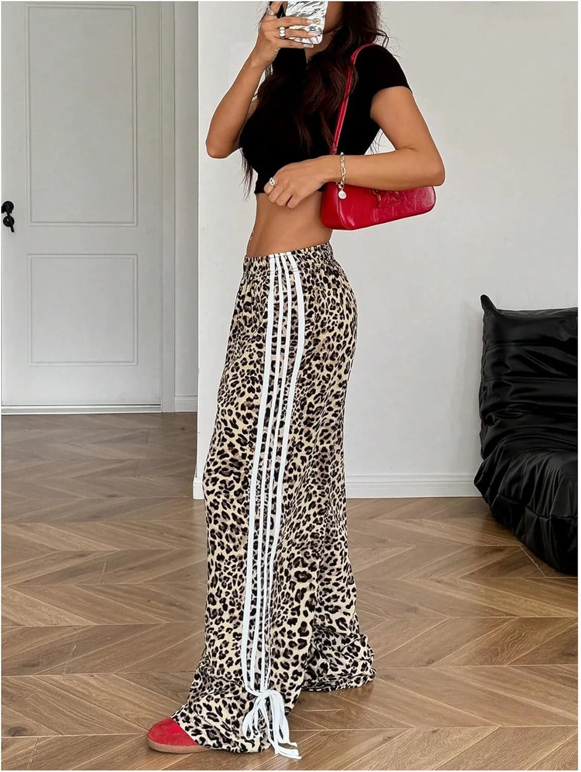 OYOANGLE Women's Leopard Print Striped Knot Side Trousers High Waist Straight Leg Baggy Pants