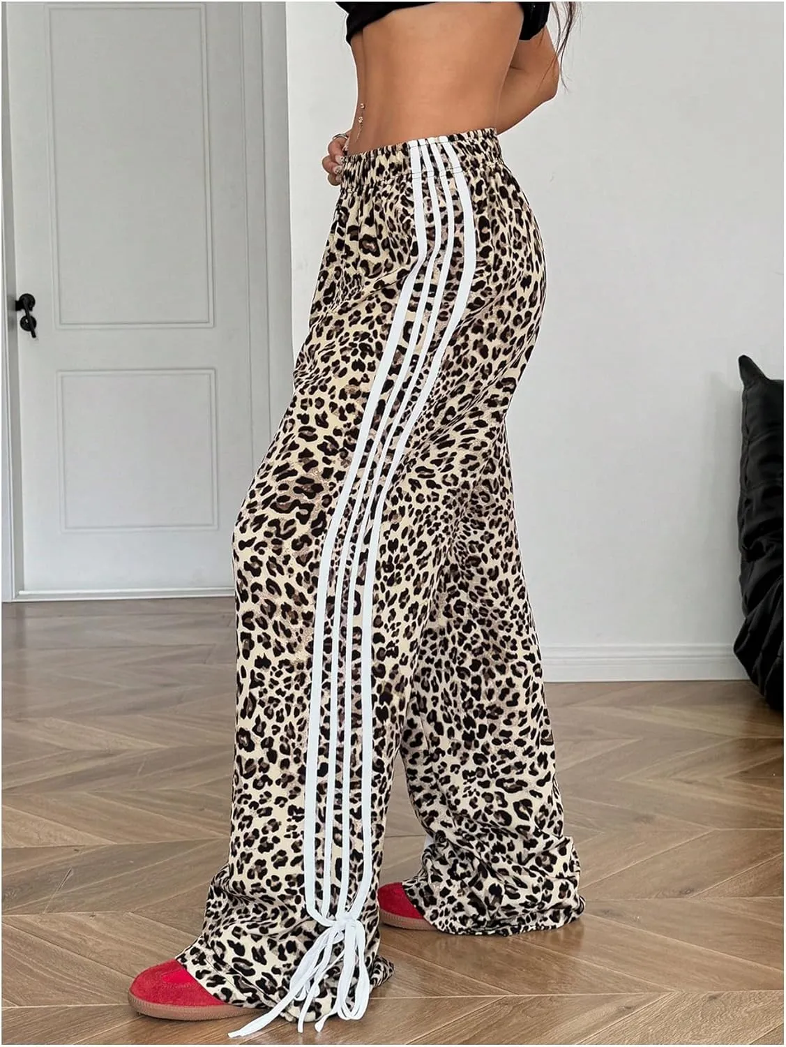 OYOANGLE Women's Leopard Print Striped Knot Side Trousers High Waist Straight Leg Baggy Pants